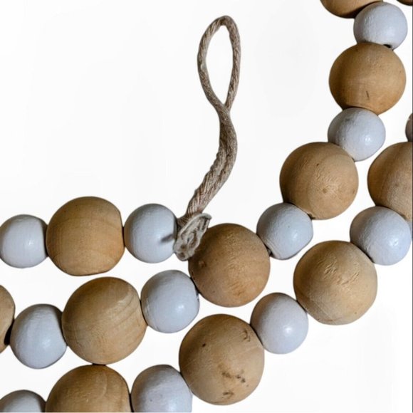 Wooden Bead Garland 74" White And Light Tone On Rope Mantle Accent Approx 2 Yd - Picture 3 of 3